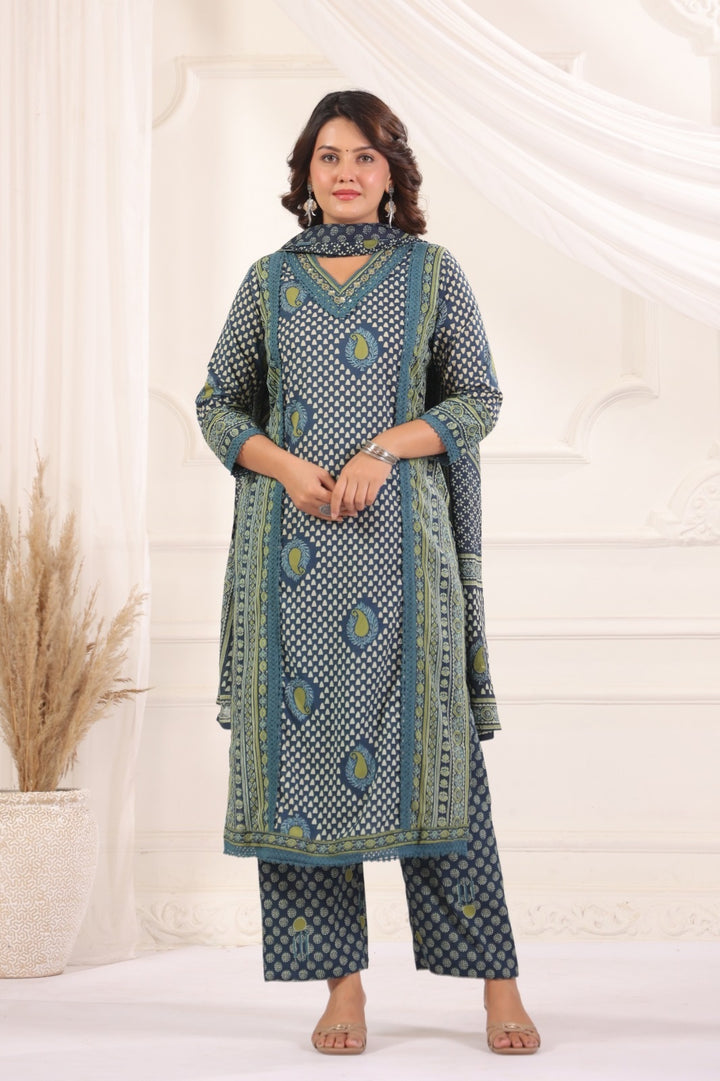 Madhavi Blue Cotton Salwar Suit Set For Women