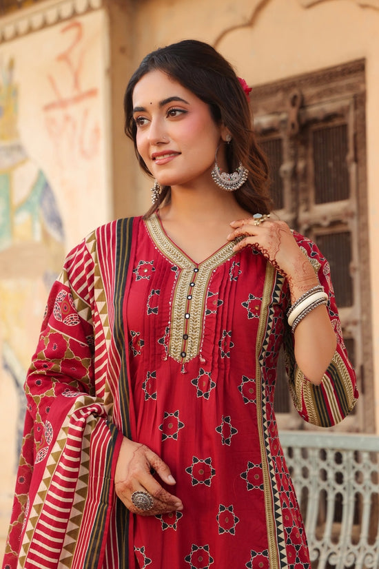 Akshita Red Cotton A Line Suit Set For Women