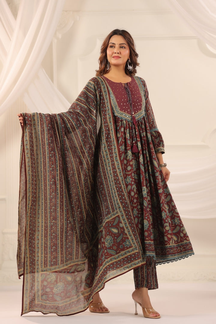 Ruhi Wine Cotton Anarkali Suit Set