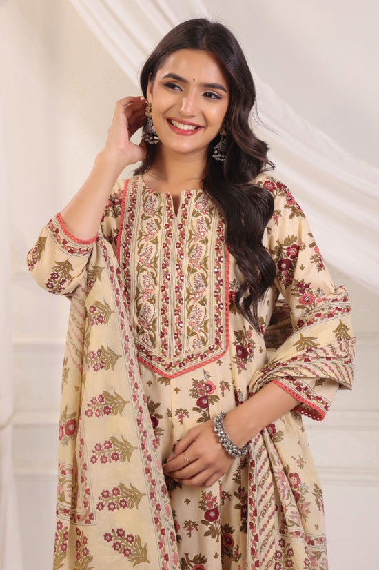 Ramya Beige Maroon Cotton Anarkali Suit Set For Women