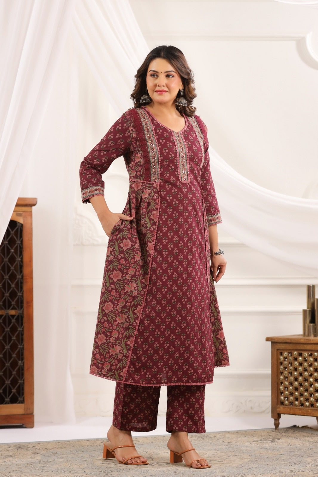 Chhavi Wine  Cotton A Line Suit Set