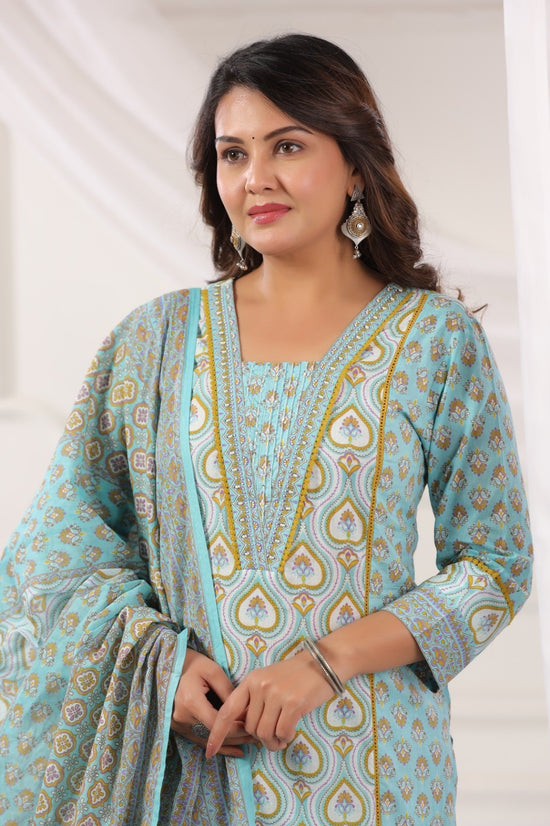 Kavya Aqua Blue Cotton Suit Set For Women