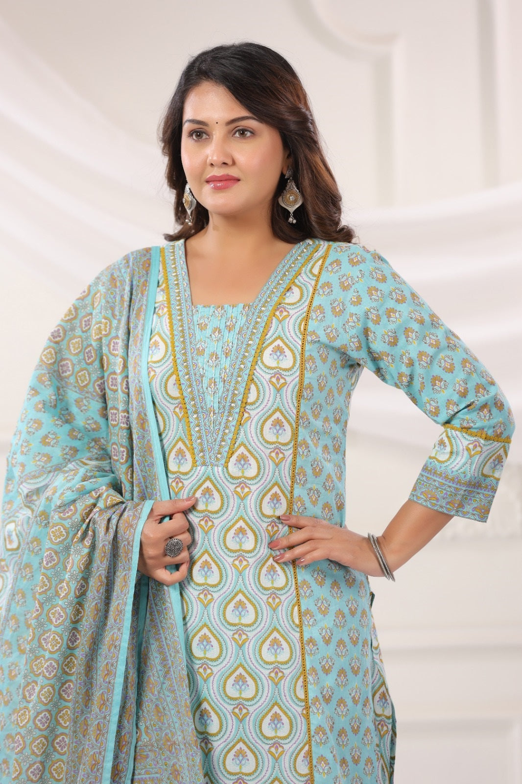 Kavya Aqua Blue Cotton Suit Set For Women