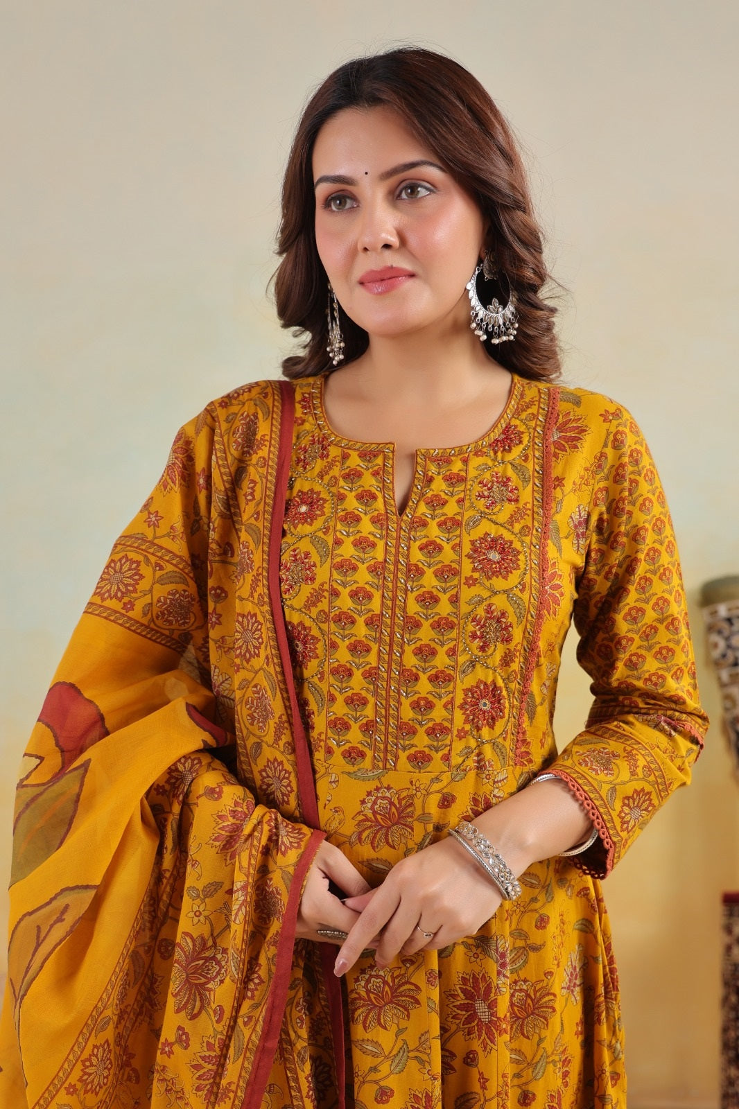 Aadhya Mustard Cotton Anarkali Suit Set