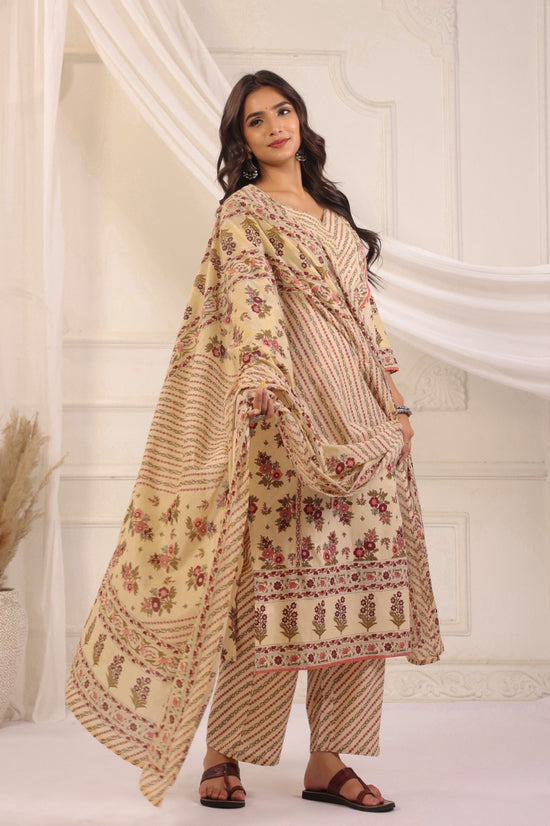 Gauri Beige Maroon Cotton Straight Suit Set For Women