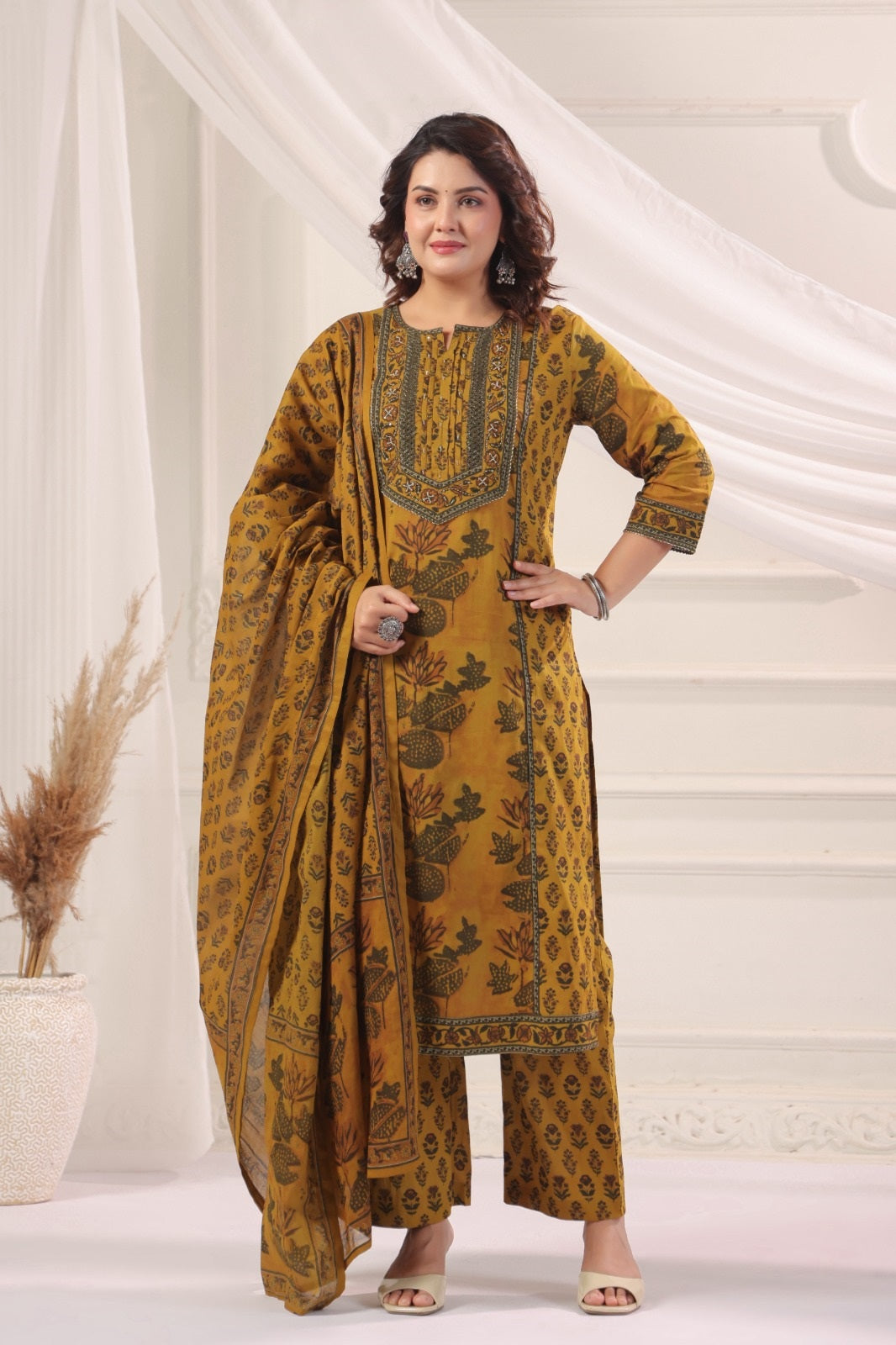 Amani Mustard Cotton Straight Suit Set For Women