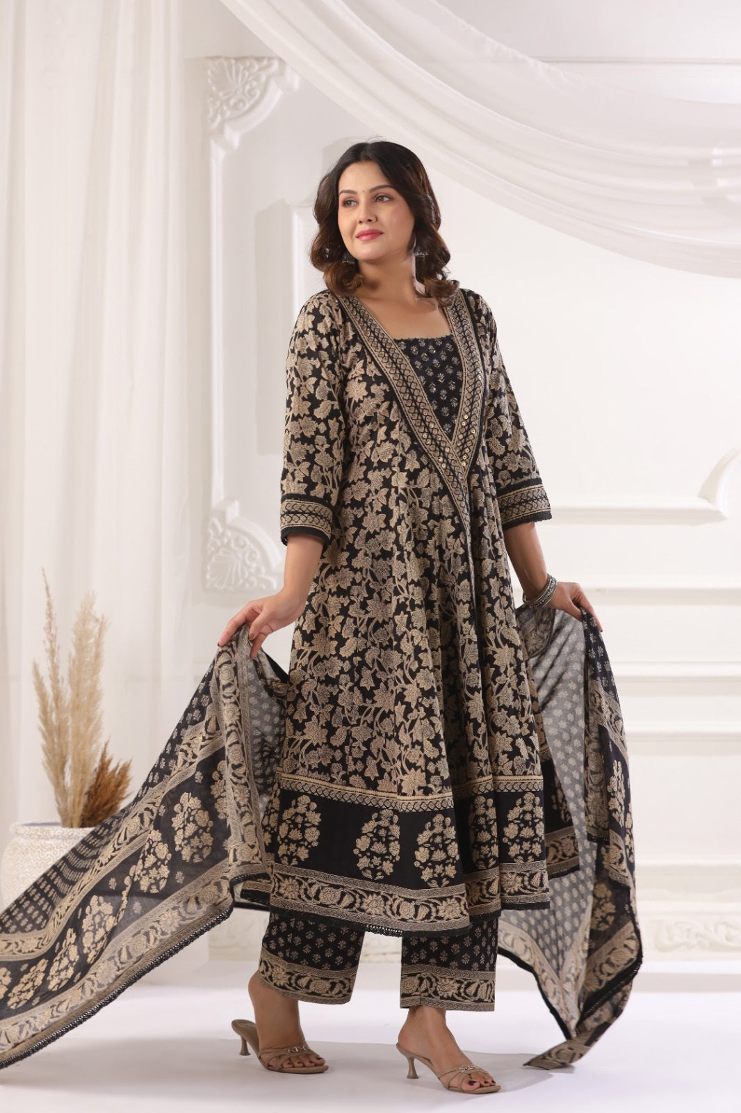 Shanaya Black Cotton Anarkali Suit Set For Women