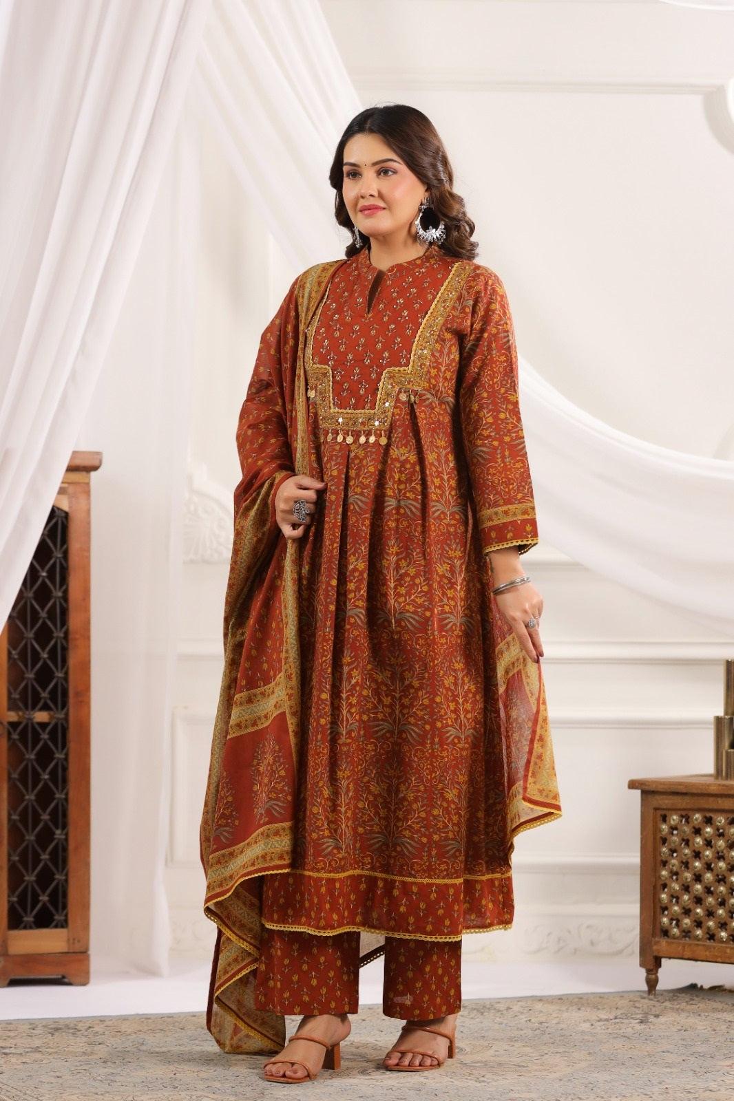 Adira Brown Cotton A Line Suit Set For Women