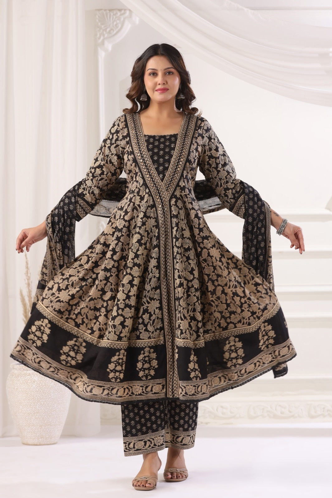 Shanaya Black Cotton Anarkali Suit Set For Women