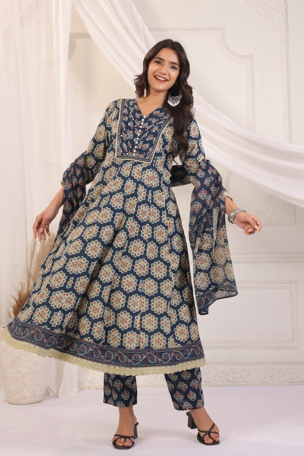 Akshara Blue Cotton Anarkali Suit Set For Women