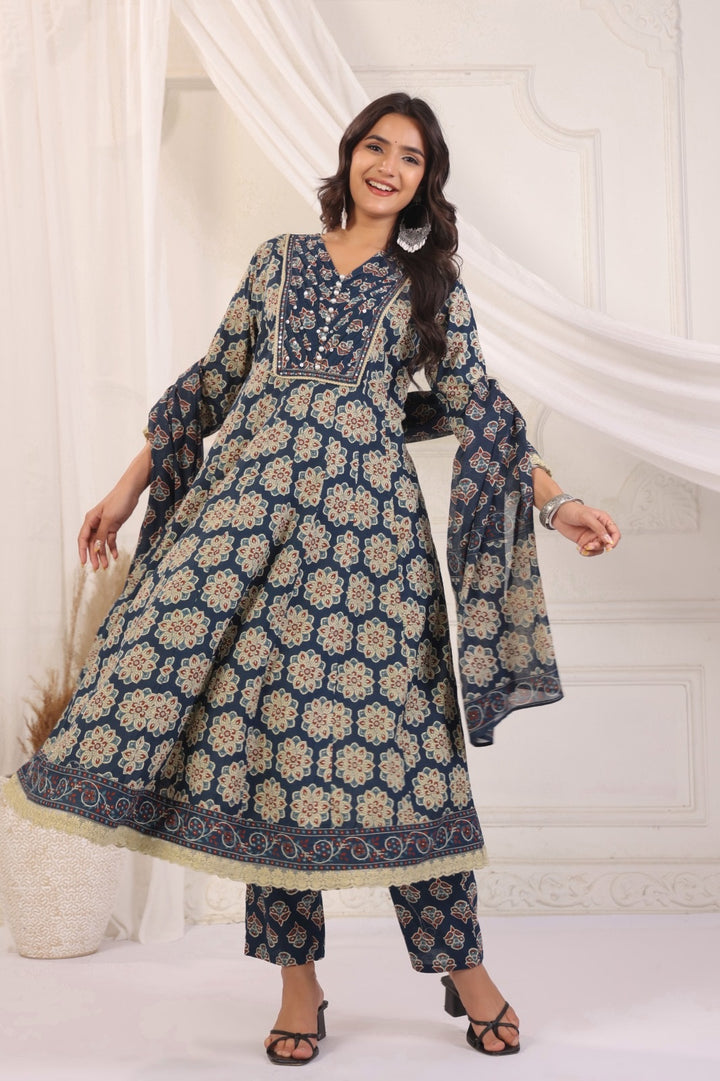 Akshara Blue Cotton Anarkali Suit Set For Women