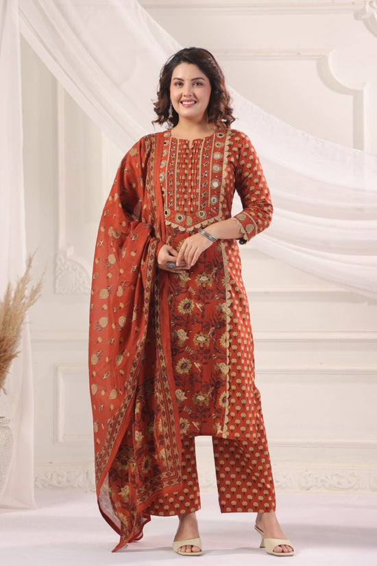 Satya Rust Cotton Straight Suit Set For Women