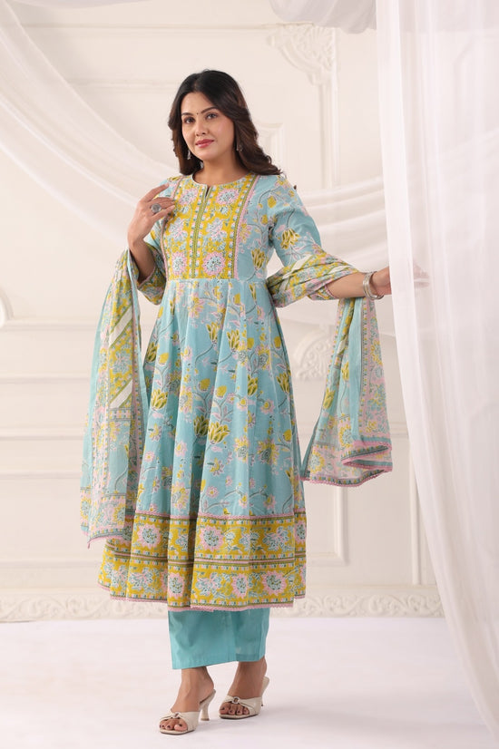 Ayana Aqua Blue Cotton Anarkali Suit Set For Women