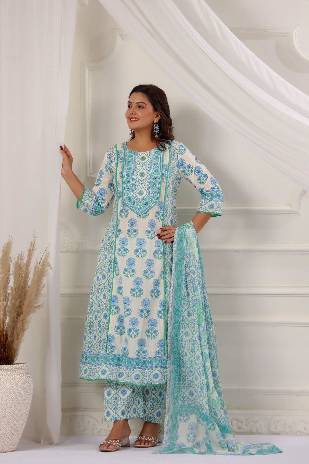Eesha Atlantic Blue Cotton A Line Suit Set For Women