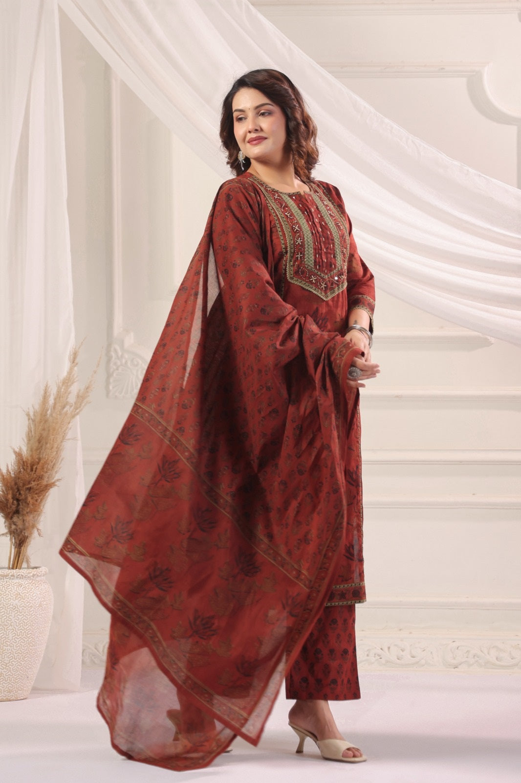 Satya Red Cotton Straight Suit Set For Women
