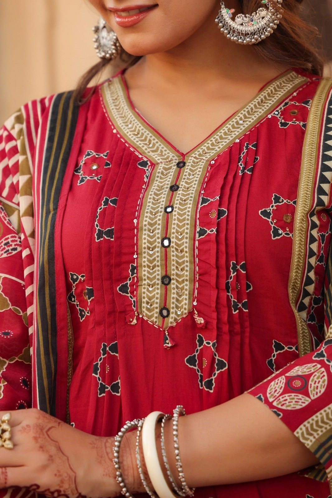 Akshita Red Cotton A Line Suit Set For Women