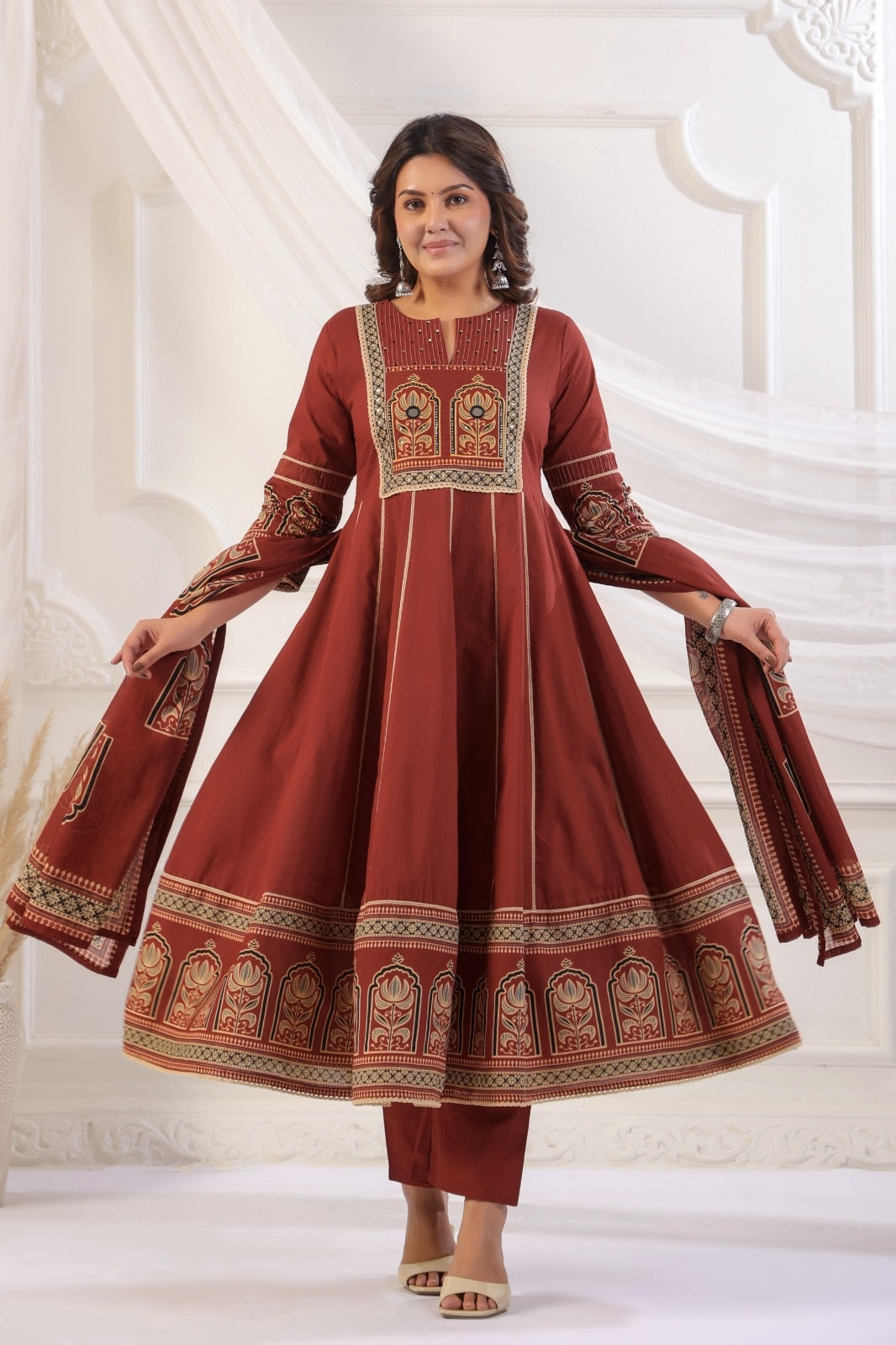 Rukmini Rust Red Cotton Anarkali Suit Set For Women