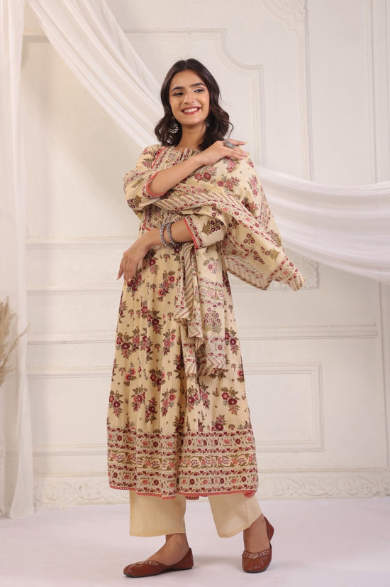 Ramya Beige Maroon Cotton Anarkali Suit Set For Women