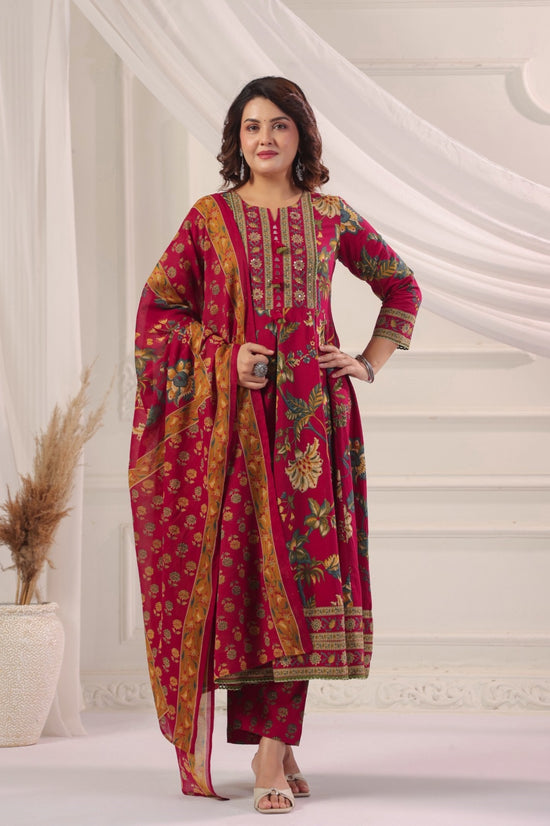 Rukmini Red Cotton Anarkali Suit Set For Women