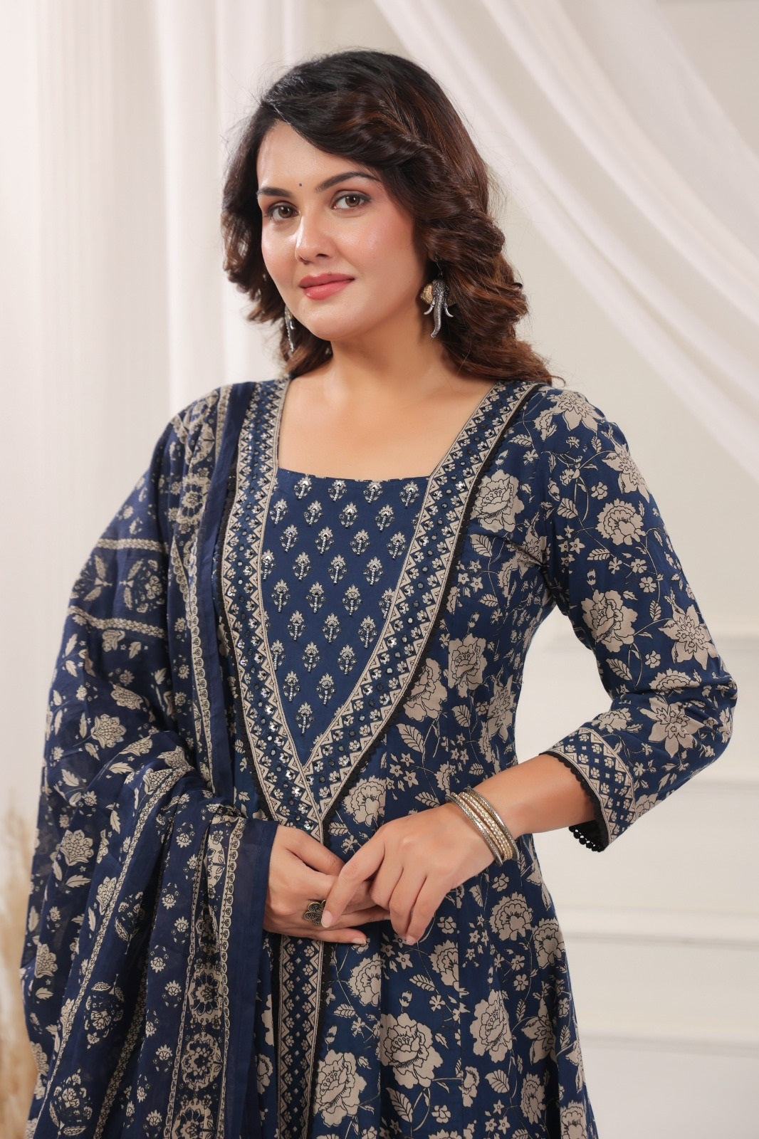 Seema Navy Blue Cotton Anarkali Suit Set