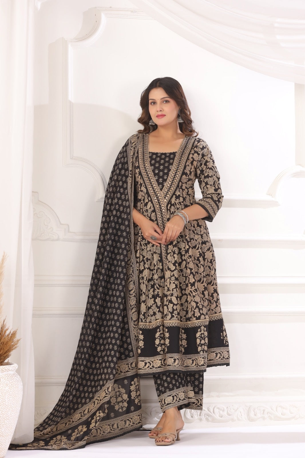 Shanaya Black Cotton Anarkali Suit Set For Women