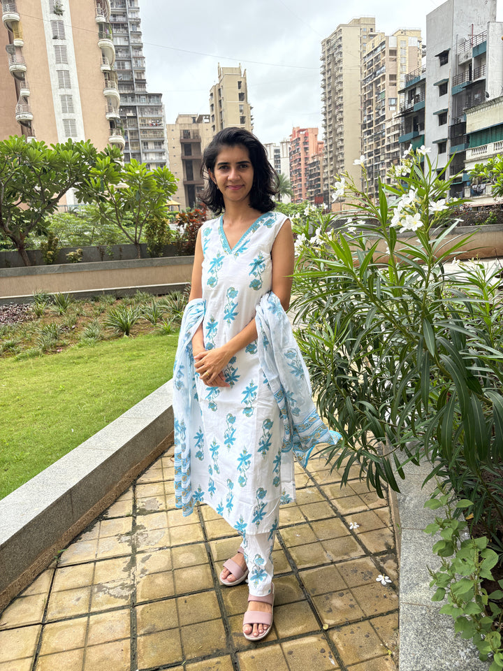 Phoolkari Blue Cotton Suit Set