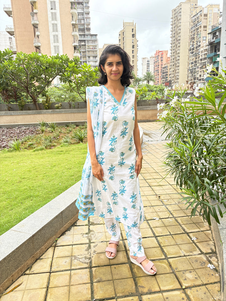 Phoolkari Blue Cotton Suit Set