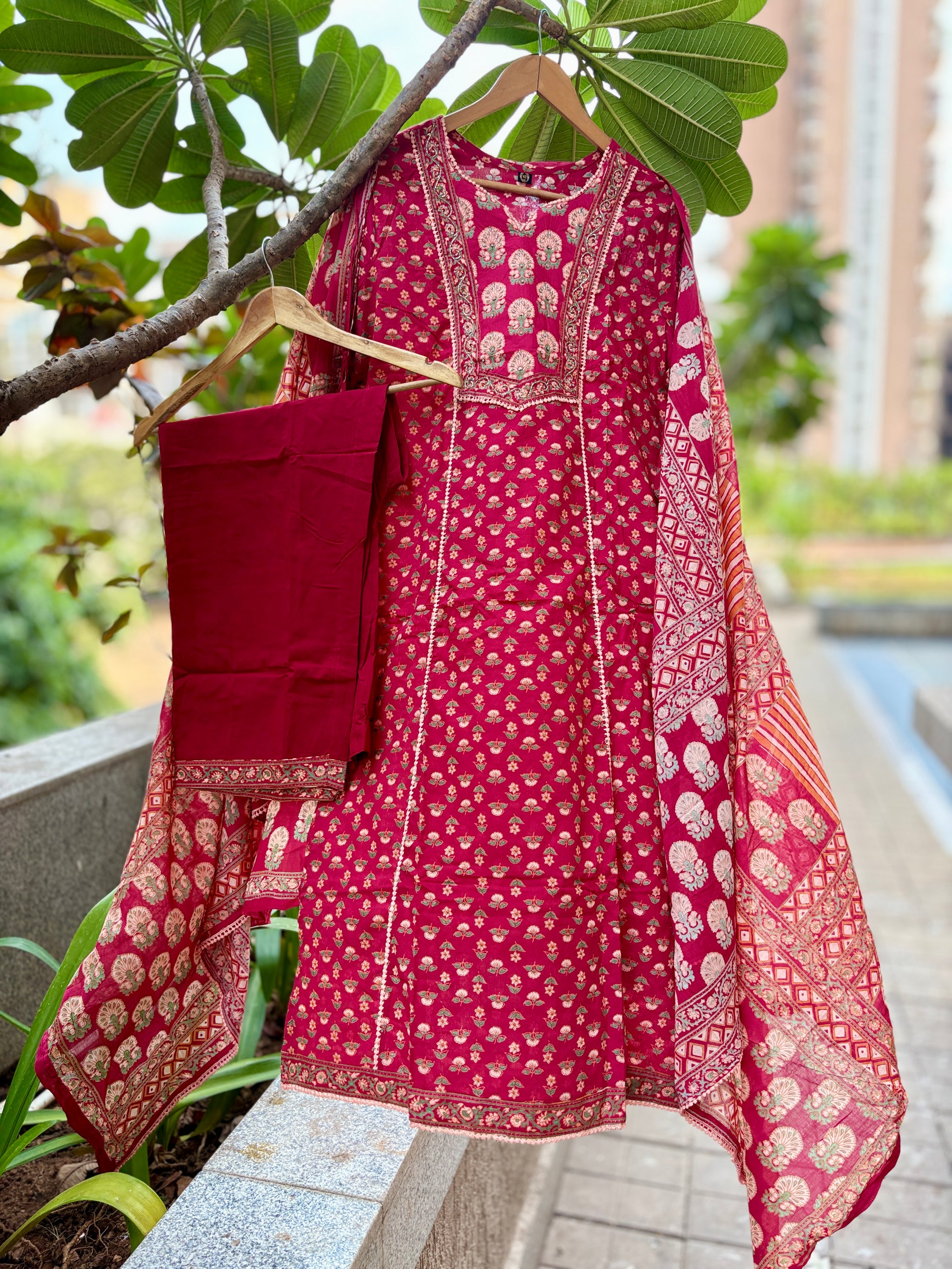 Hania Red Premium Cotton Handblock Printed Suit Set