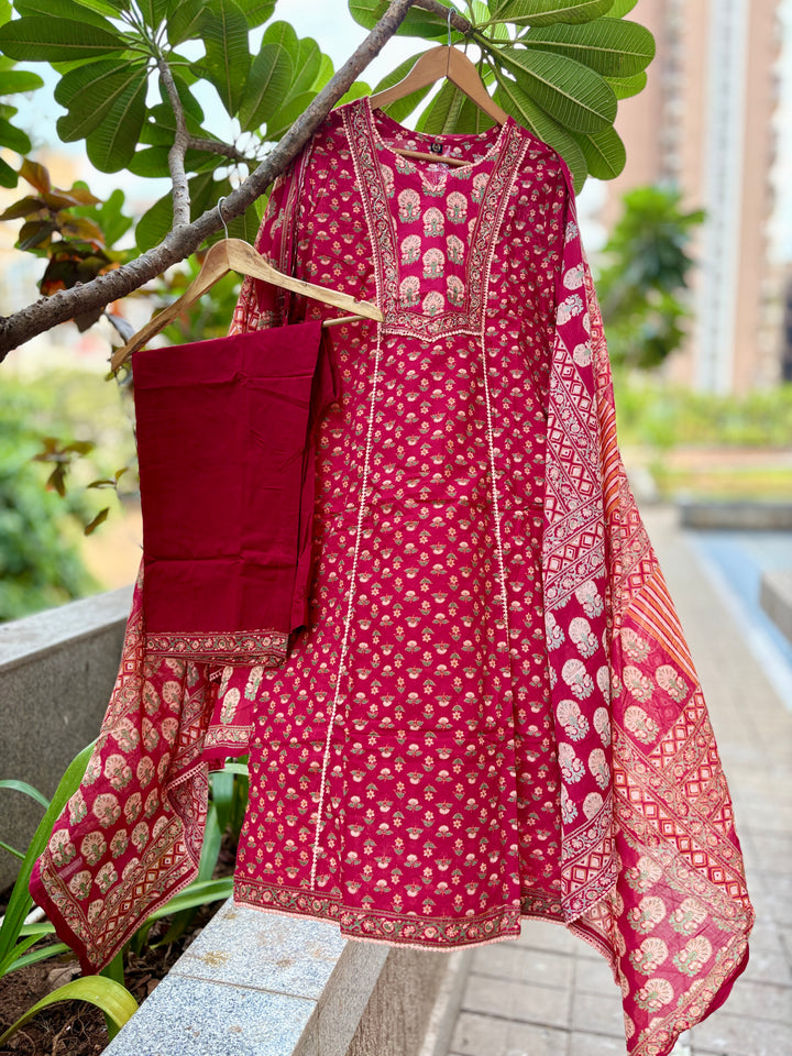 Hania Red Premium Cotton Handblock Printed Suit Set