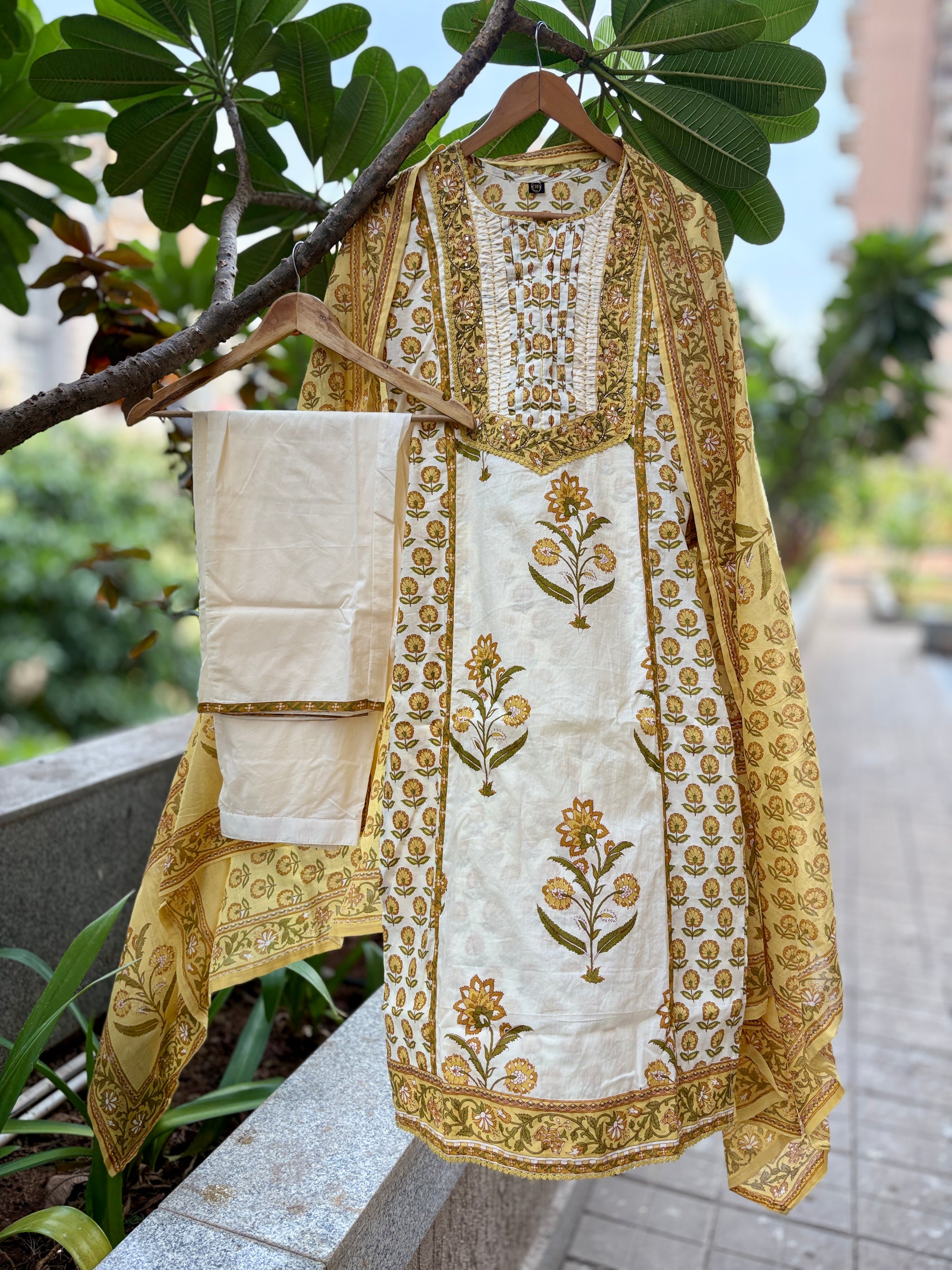 Simran Yellow Cotton Straight Suit Set For Women