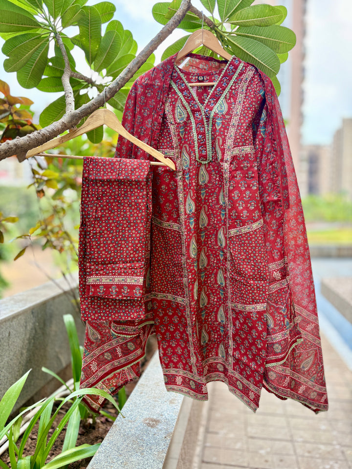 Bhagya Maroon Cotton Suit Set For Women