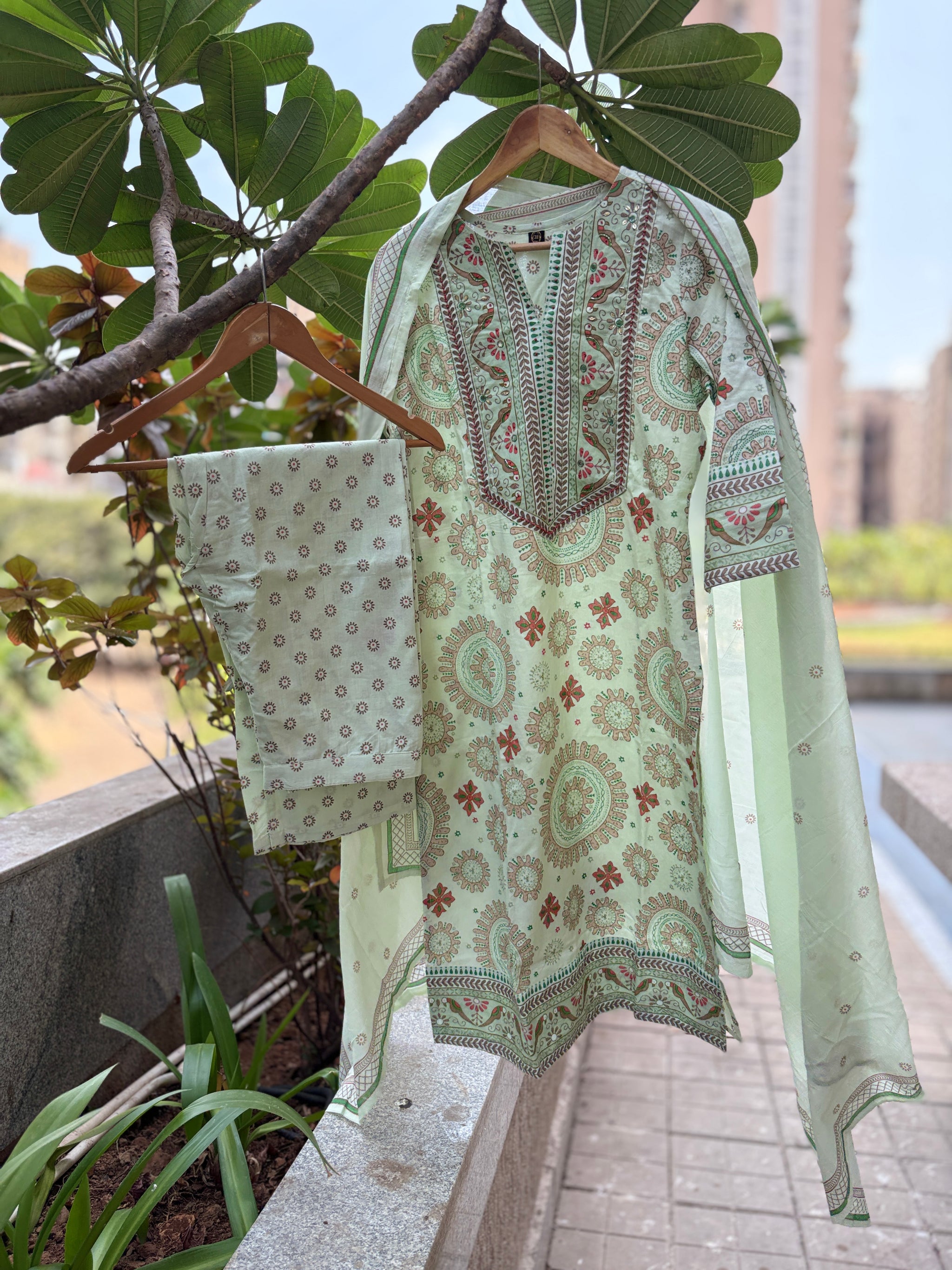 Bandita Pista Green Cotton Straight Suit Set For Women