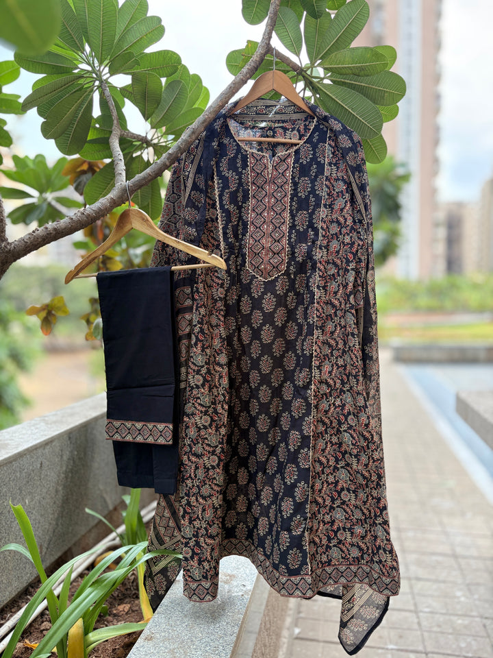 Indira Black Cotton A Line Suit Set