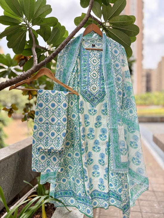 Eesha Atlantic Blue Cotton A Line Suit Set For Women
