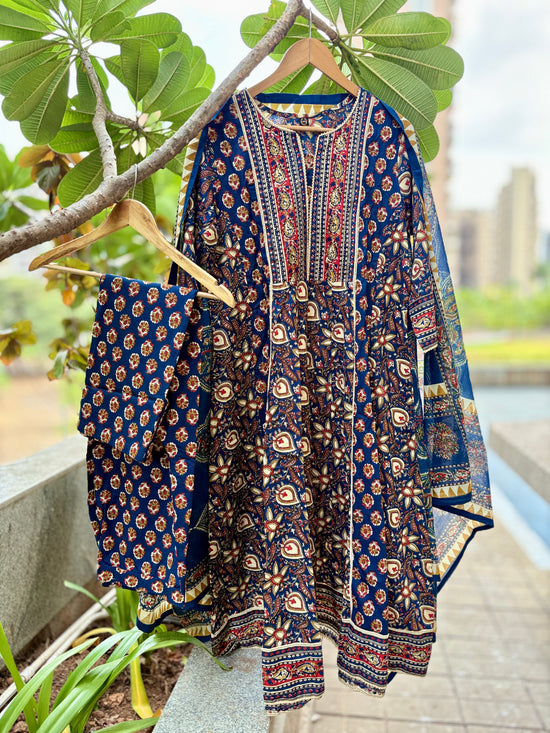 Charvi Blue Cotton Anarkali Suit Set For Women