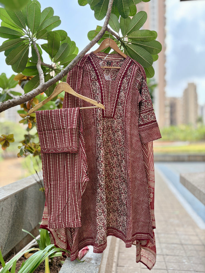 Meera Maroon Cotton A Line Suit Set For Women