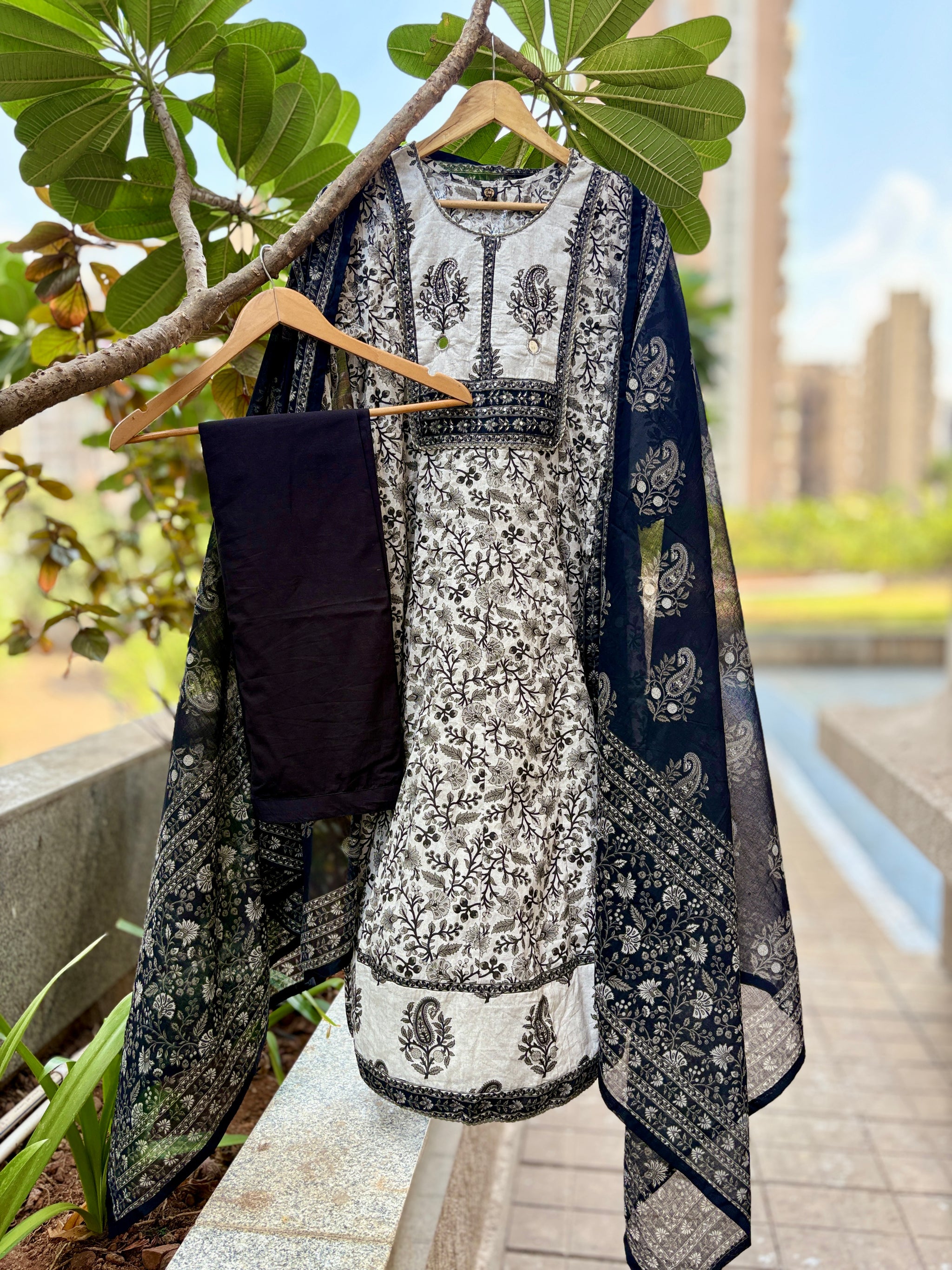 Yuvika Grey Cotton Anarkali Suit Set For Women