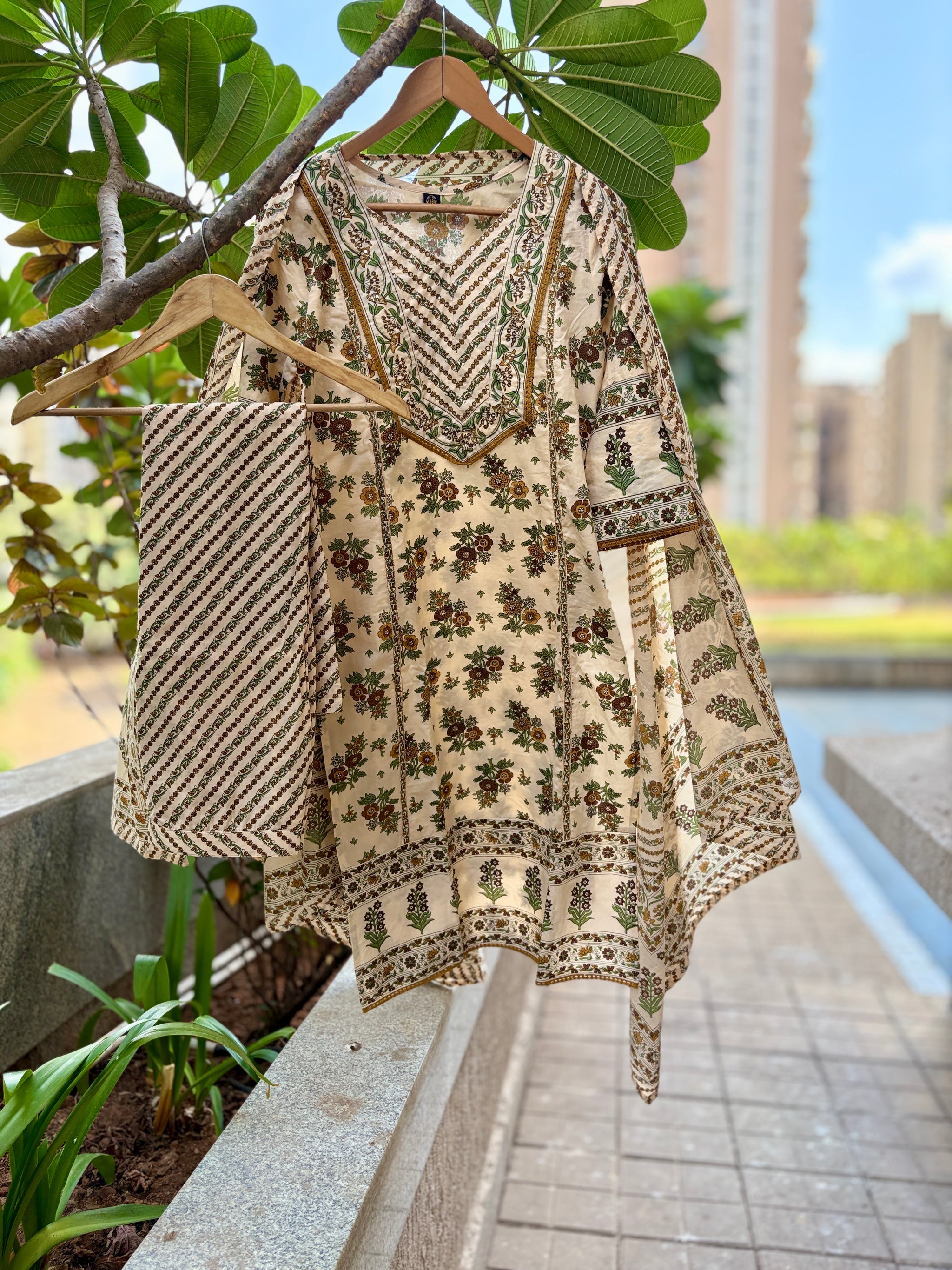 Bhoomi Beige Green Cotton Straight Suit Set For Women
