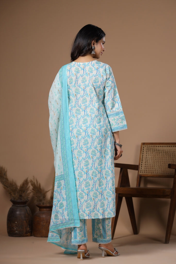 Mannat Blue Cotton 3pcs Suit Set
