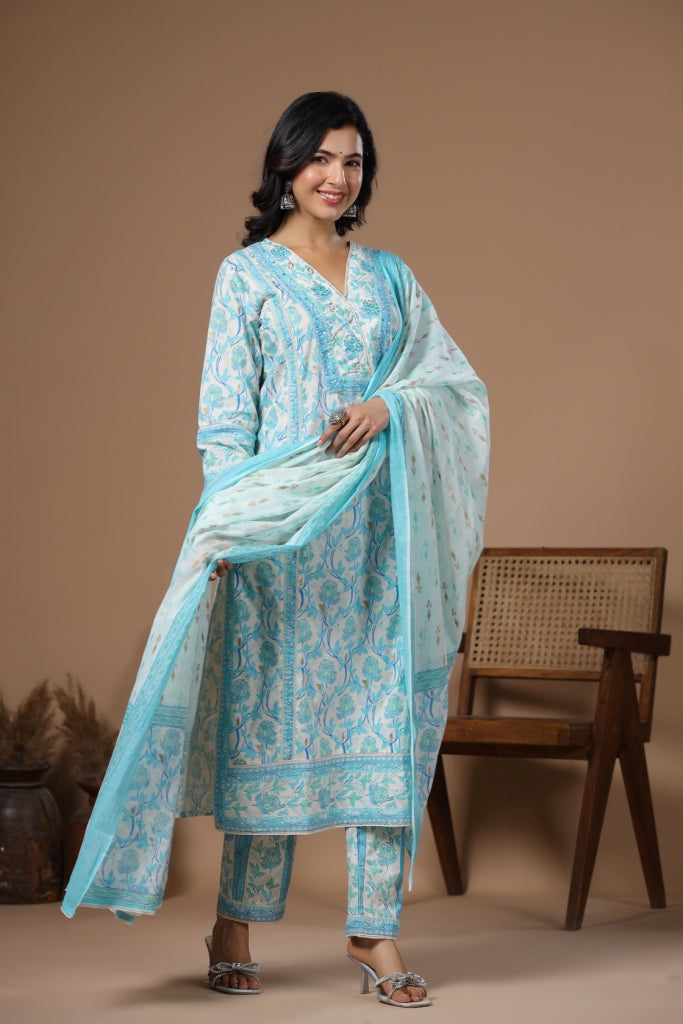 Mannat Blue Cotton 3pcs Suit Set