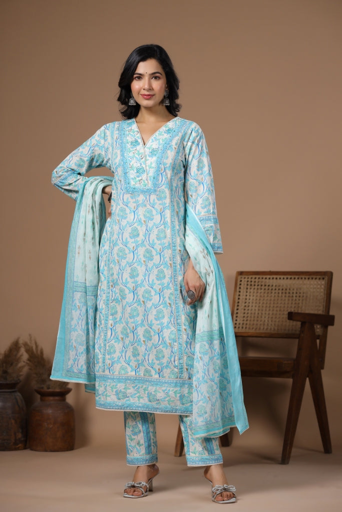 Mannat Blue Cotton 3pcs Suit Set