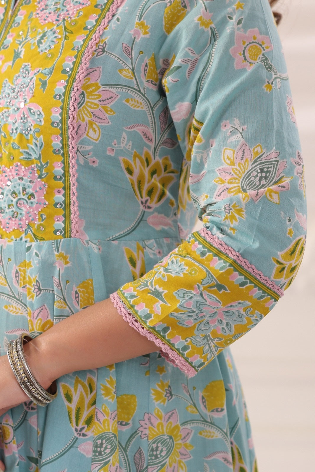 Ayana Aqua Blue Cotton Anarkali Suit Set For Women