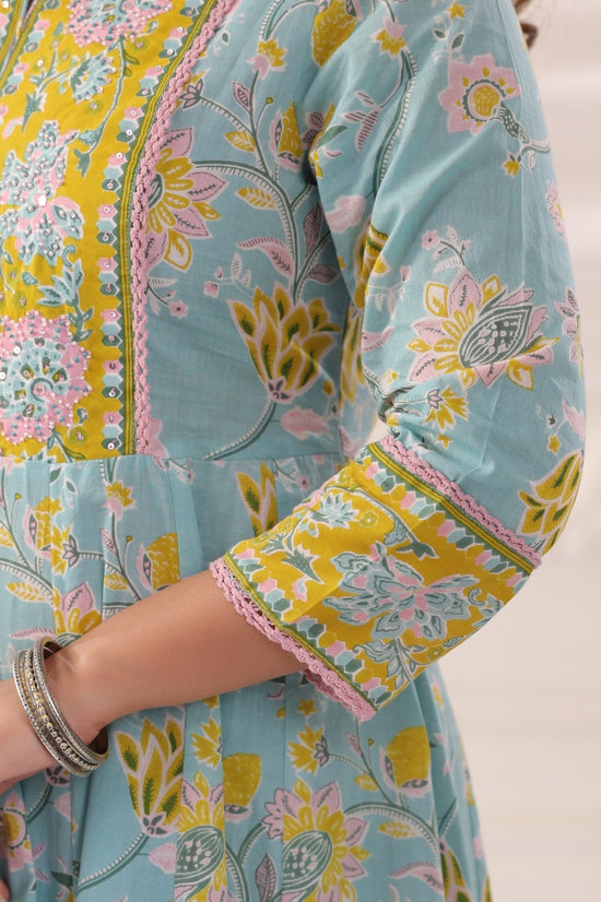 Ayana Aqua Blue Cotton Anarkali Suit Set For Women