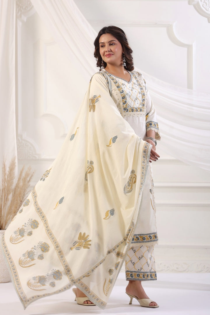 Mira Ivory Cotton Straight Suit Set For Women