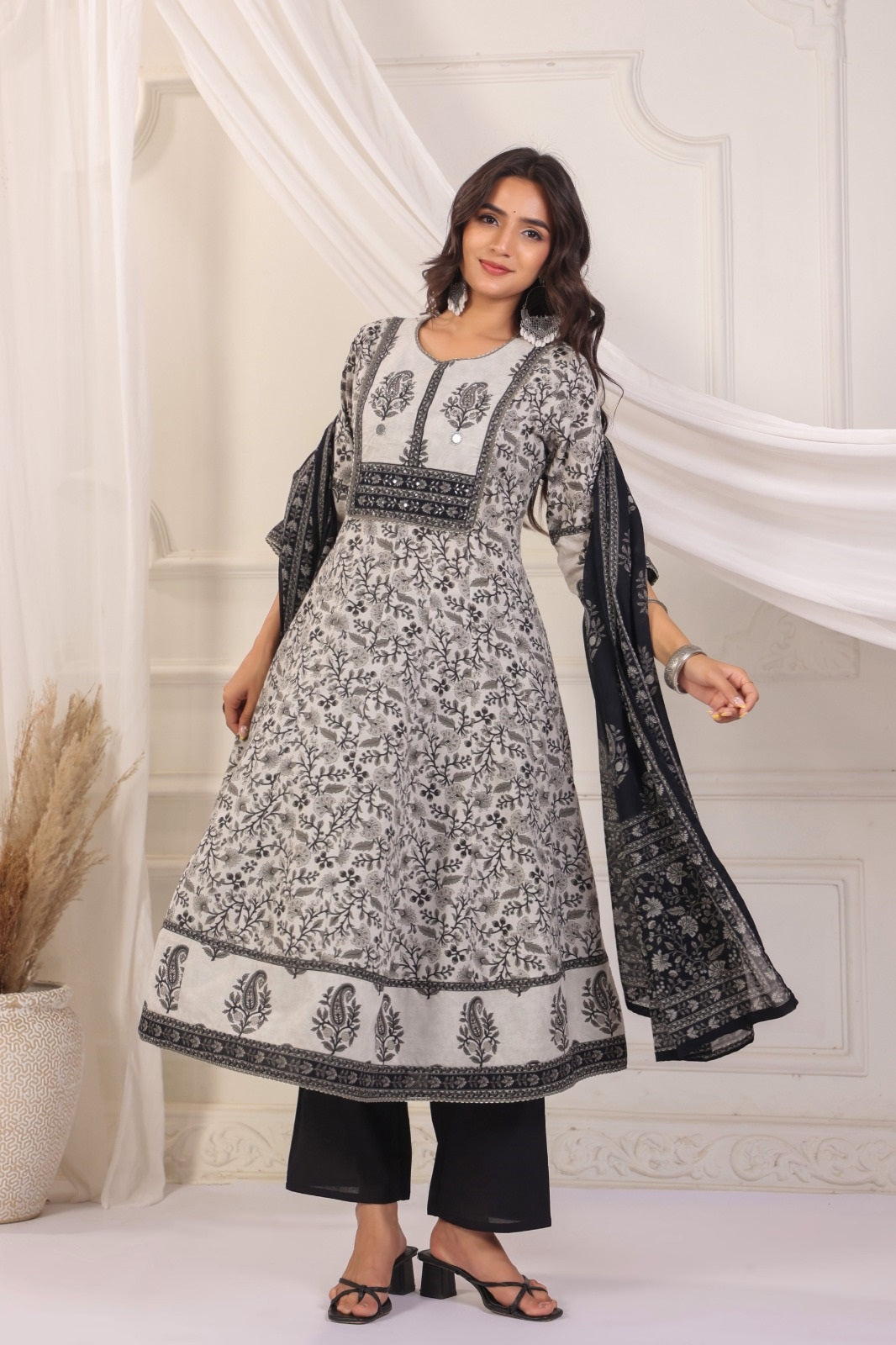 Yuvika Grey Cotton Anarkali Suit Set For Women