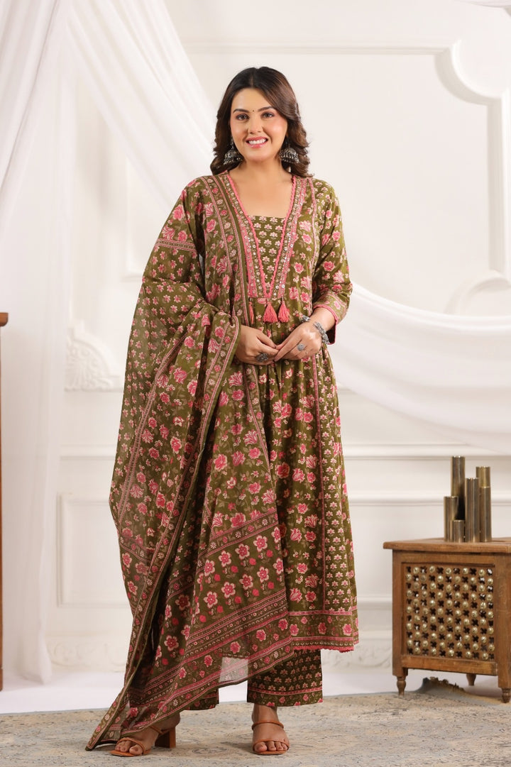 Mahika Green Cotton A Line Suit Set For Women