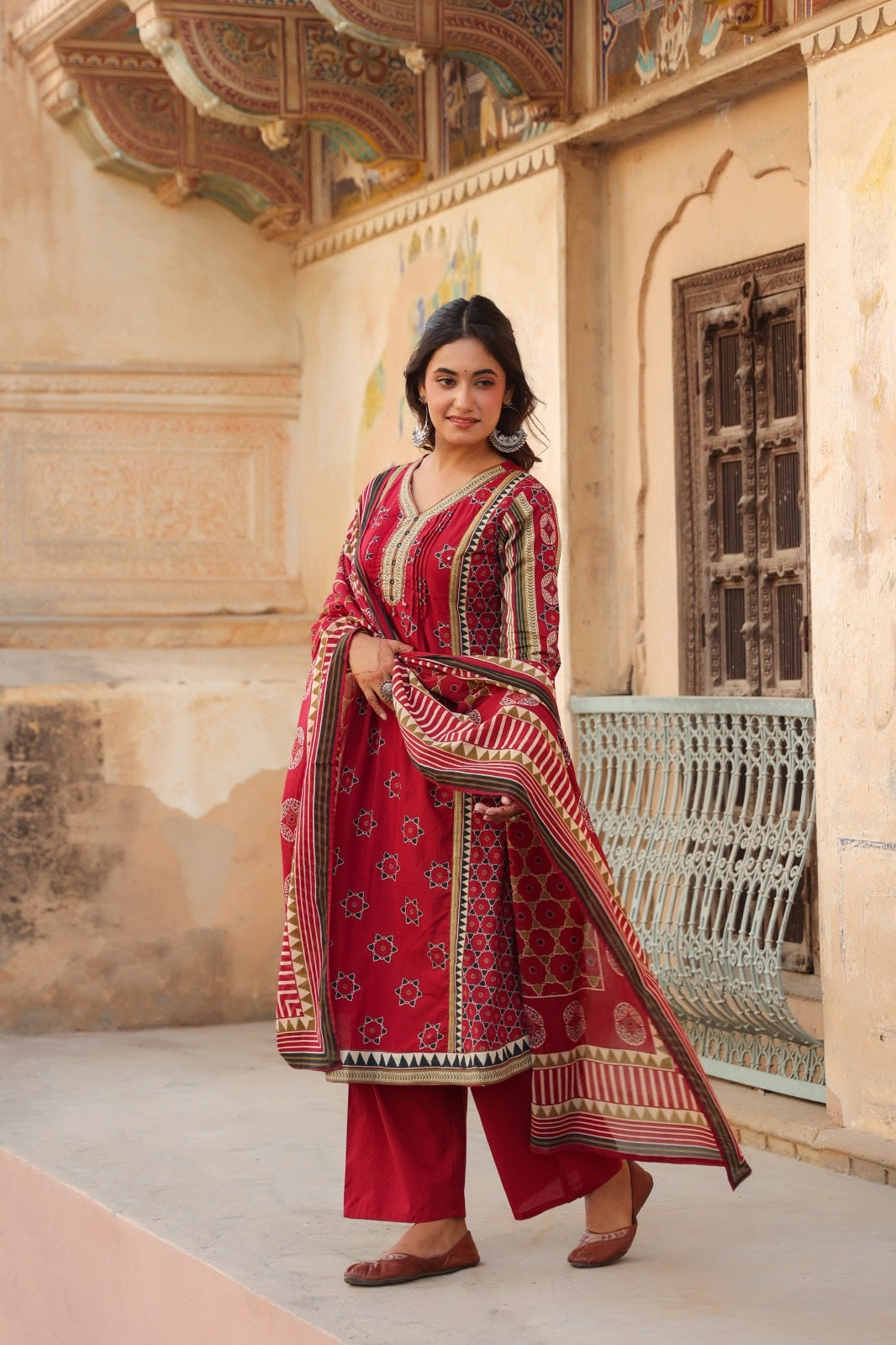 Akshita Red Cotton A Line Suit Set For Women