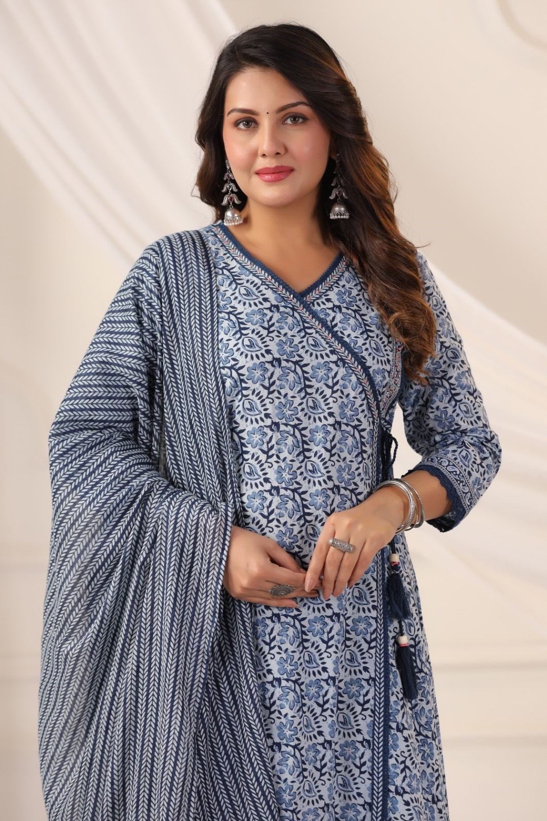 Maya Indigo Blue Cotton A Line Suit Set For Women