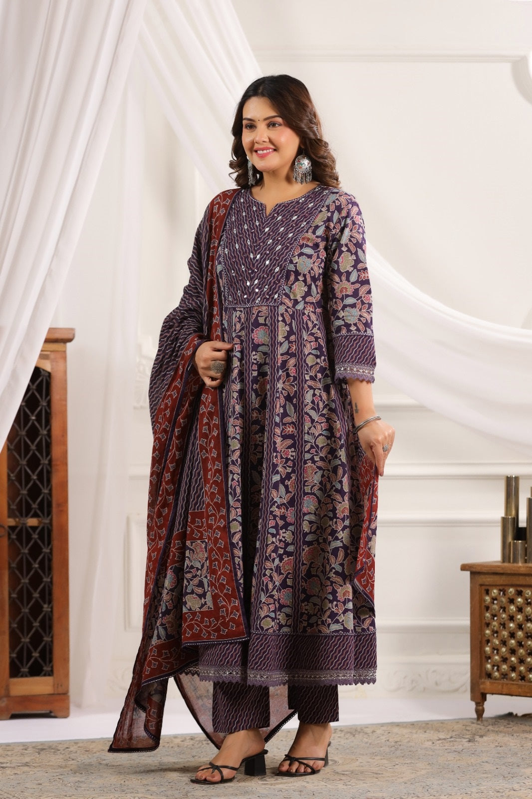 Saanvi Violet Cotton Anarkali Suit Set For Women