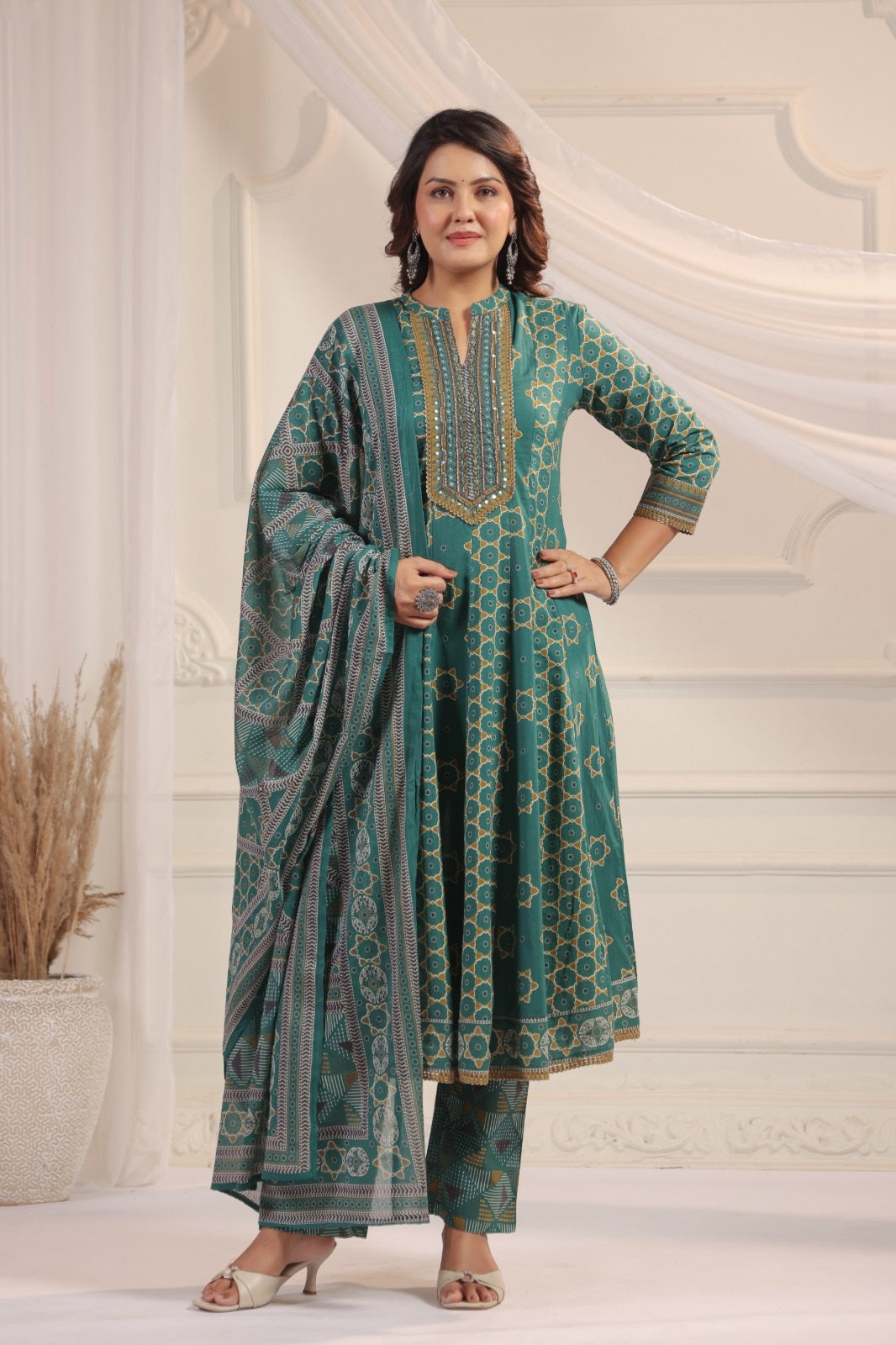 Eshana Green Premium Cotton Anarkali Set With Dupatta